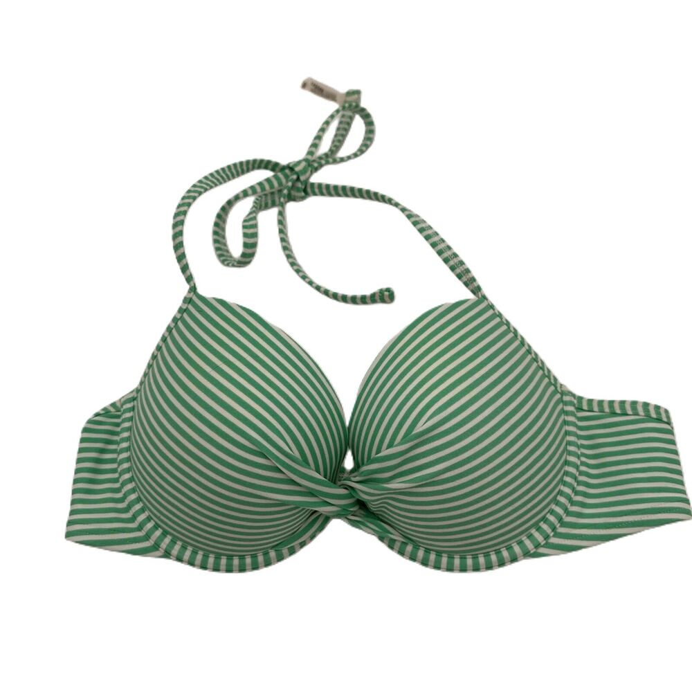 Aerie Green White Striped Brooke Halterneck Swimwear Top Size 36B